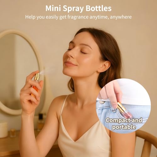 Lnrueg 100 Pcs Mini Spray Bottles, 0.07 oz/2 ml Refillable Glass Perfume Bottles, Portable Travel Sample Containers with Caps, Fine Mist Atomizers with 4 Funnels and 4 Dispensers, Gold