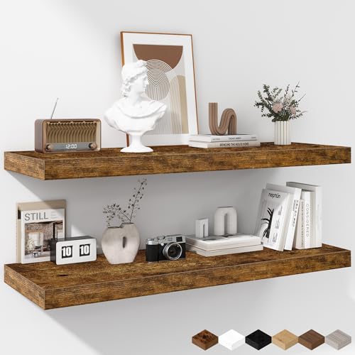 Rustic Brown Floating Shelves 36 Inch - Deep & Thick Wall Storage Set for Living Room & Kitchen - 2 Pack