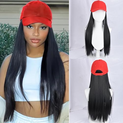 Black Sun Hat Wig for Women Baseball Cap with 22" Wavy Straight Hair Extensions