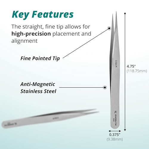 Excelta 3-SA-PI Straight Very Fine Precision Pointed Tweezers, 4.75 Inch, Conductive Anti-Magnetic Stainless Steel 316L, Ideal for Magnification Work, Made in Italy, Intermediate