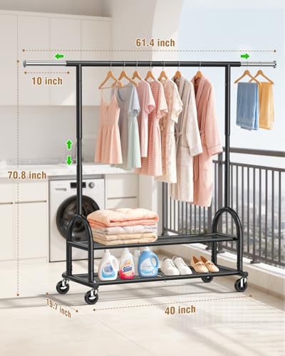 EAGMAK Black Heavy Duty Rolling Clothes Rack with 2 Shelves, Adjustable