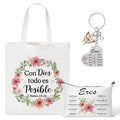 Y1tvei Spanish Christian Gifts For Women - 3Pcs Con Dios Todo Es Posible Spanish Bible Verse Canvas Tote Bag with Keychain Inspirational Christian Religious Makeup Bag Spiritual Catholic baptism Gifts