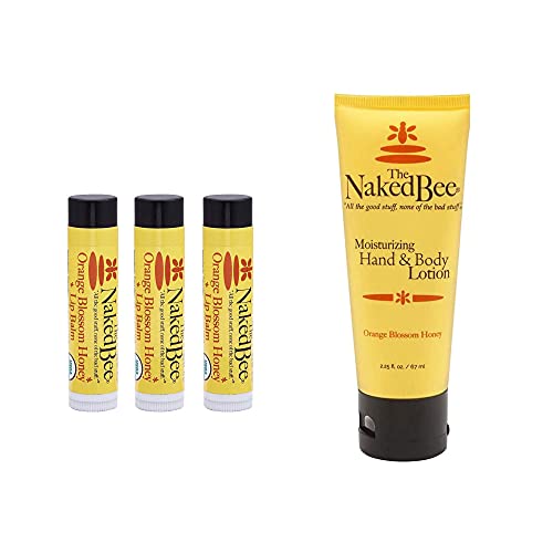 The Naked Bee Organic Blossom Honey Lip Balms, 3 Pack + Orange & Honey Blossom Hand and Body Lotion for Women, 2.25 Ounce