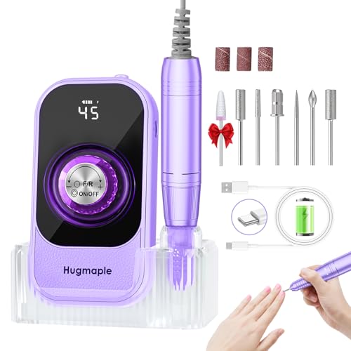 Professional Electric Nail Drill File, HUGMAPLE 45000RPM Portable E-File Machine with Bits & Base, Cordless Rechargeable Nail Drill Kit for Shaping, Removing & Polishing Gel Nails Salon Home (Purple)