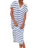 XX-Large Women's Striped V-Neck Knit Sweater Dress Short Sleeve Blue