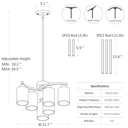 Black Farmhouse Chandelier - 6-Light Modern Pendant Light Fixture with Adjustable Height