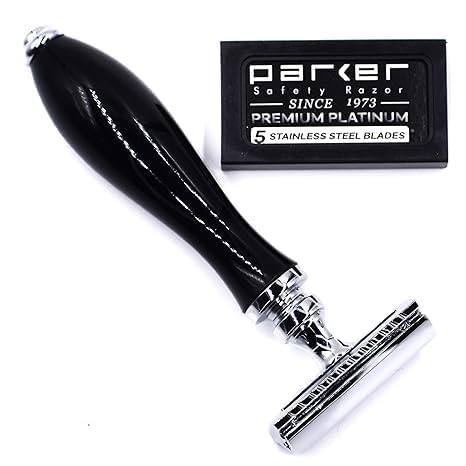 Safety Razor with Ebony Handle & 5 Double-Edge Blades - Classic 3-Piece Design