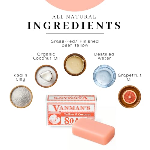 VanMan Beef Tallow and Coconut Oil Bar Soap ? Pure Grass-Fed Beef Tallow Soap with Coconut Oil & Kaolin Clay, Subtle Grapefruit Scent, Hydrating & Nourishing, Clean Ingredients, 3.8oz