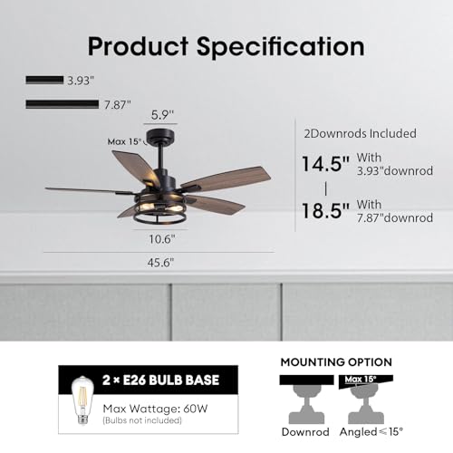 LuminFan Black 46-Inch Ceiling Fan with Lights & Remote Control for Indoor & Outdoor