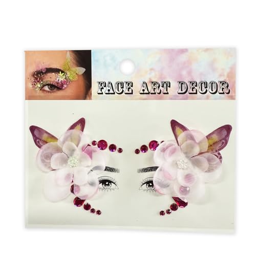 Rhinestone Eye Gems with Fabric Butterflies & Flowers, Self Adhesive Purple and Red Face Gems for Women, Elegant Eye Jewel Stickers for Halloween and Festival Wedding Party Makeup