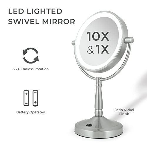 Zadro 7-inch Satin Nickel LED Makeup Mirror with 10X/1X Magnification, Swivel Lamp, Battery Operated