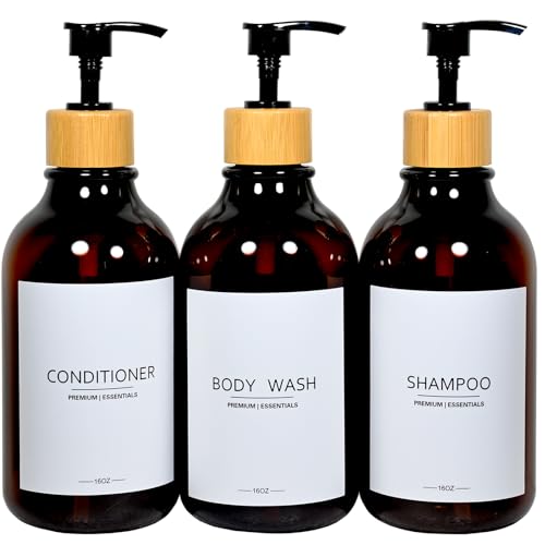Shower Shampoo and Conditioner Bottles, Apothecary Dispenser Bamboo Pump, Refillable Bottles for Lotion Oil Hand Soap and Dish Soap, Plastic Set (3 Bottles 9 Labels) (3, Amber)