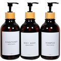 Shower Shampoo and Conditioner Bottles, Apothecary Dispenser Bamboo Pump, Refillable Bottles for Lotion Oil Hand Soap and Dish Soap, Plastic Set (3 Bottles 9 Labels) (3, Amber)