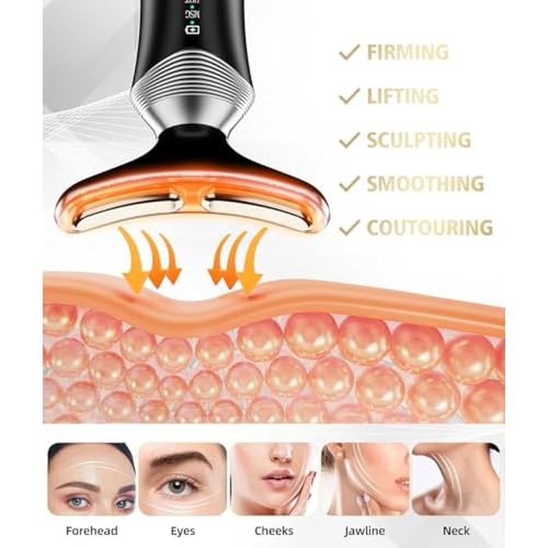 9-in-1 Red-Light-Therapy-for-Face-and-Neck, Portable Facial Massager Tool with Adjustable Vibration & Thermals for Wrinkles, Double Chin, Black