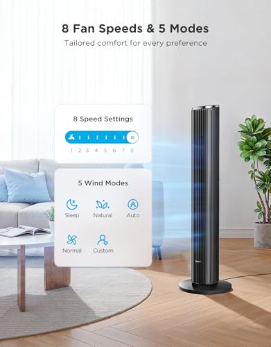 Black Tower Fan for Bedroom, 36 Inch, 5 Modes & 8 Speeds, Smart Wi-Fi Control