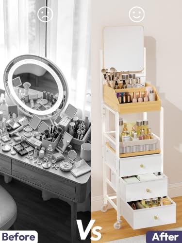 White Makeup Organizer Cart with Mirror and Storage Drawers - Rotating Vanity Trolley