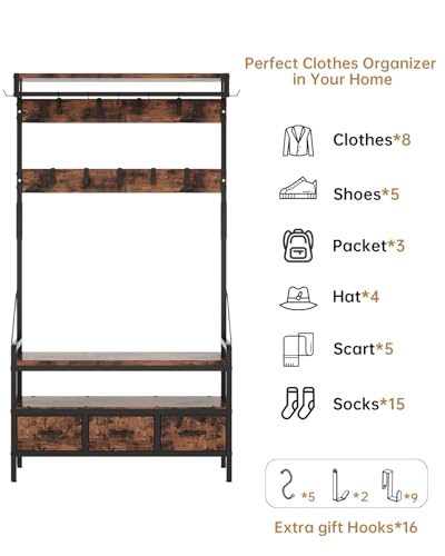 Hall Tree with Bench & Shoe Storage - 16 Hooks, 3 Drawers, Entryway Organizer