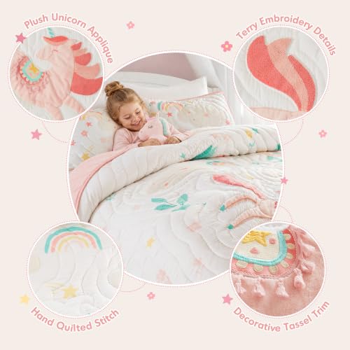 Kids Unicorn Quilt Set Full/Queen Pink 3-Piece Girls Bedding Whimsical Decor