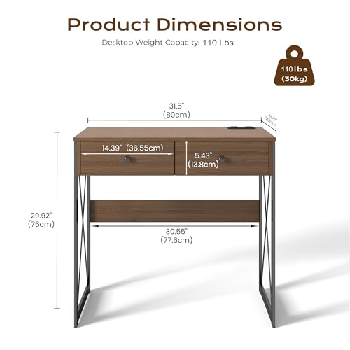 Small Rustic Brown Computer Desk with Power Outlets & USB Ports - 31.5 Inch Workspace