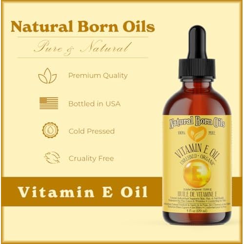 Natural Born Oils Natural Vitamin E Oil, 8oz, Organic, Cold-Pressed, Rich in Alpha-Tocopherol, Ideal for Moisturizing Skin, Strengthening Hair