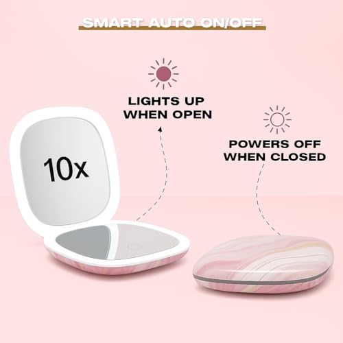 NJ GLAM Blush Marble LED Lighted Makeup Mirror 3.9 Inch Dual-Sided 1x/10x Magnification with Auto On/Off & USB Charging