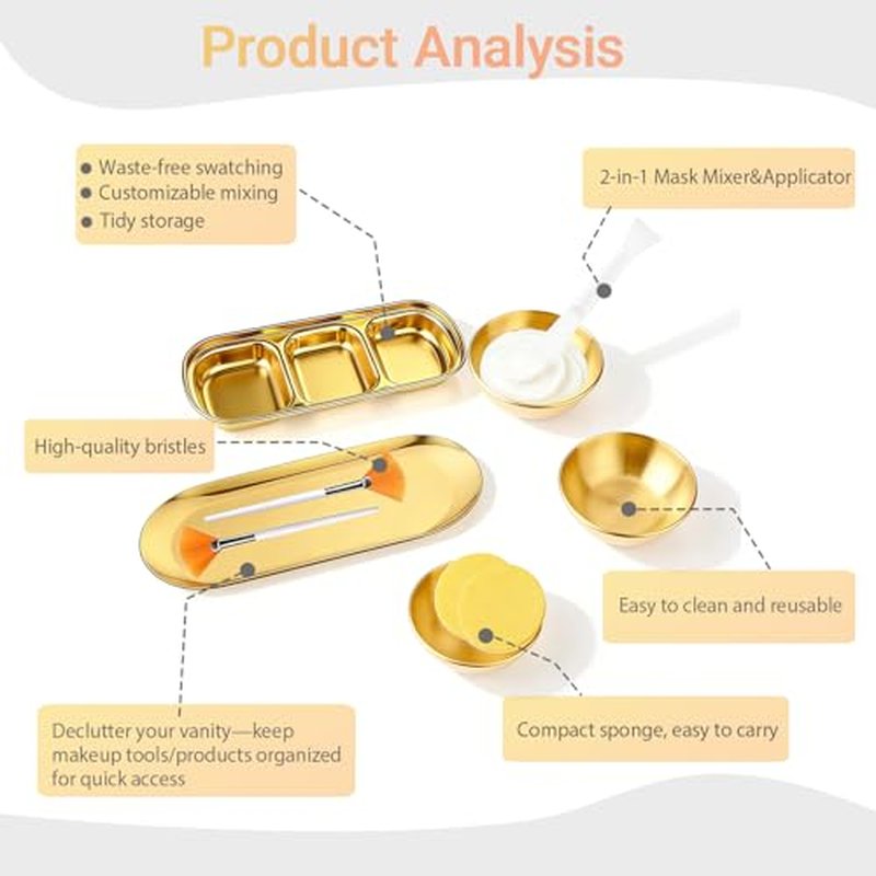 23Pcs Esthetician Supplies kit - Fan Esthetician Brushes, Gold Mask Mixing Bowls, Serving Trays, Compressed Sponges & Face Mask Brushes forSleepover & Spa Night Celebrations (Gold)
