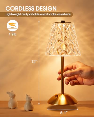 Nusogon Rechargeable Cordless Crystal Table Lamp - Gold-Diamond Touch Control