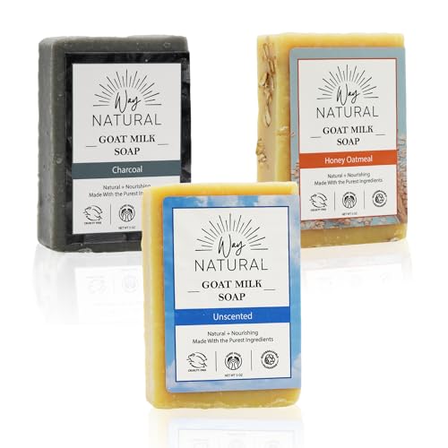 Fragrance-Free Goat Milk Soap Bars - 1 Honey Oatmeal, 1 Unscented, 1 Charcoal (3, 5oz Bars)