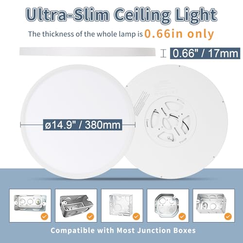 ROVEXO White 14.9 Inch LED Flush Mount Ceiling Light 5CCT 32W 3343LM 6 Pack