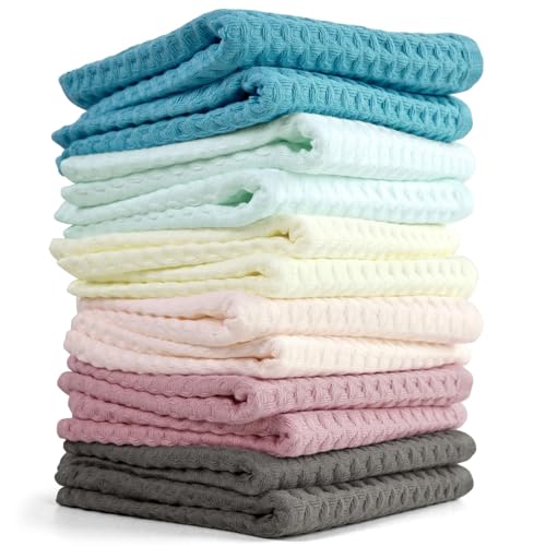 Cleanbear Waffle Cotton Wash Cloths Set of 12 - 6 Colors, 13x13 Inches, Gentle & Soft