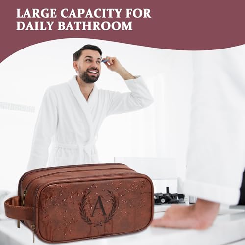 Men's PU Leather Travel Toiletry Bag with Engraved Initials, Waterproof, Red Brown A