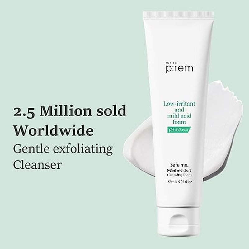 MAKE P:REM Safe Me. Relief Moisture Cleansing Foam, Delicate Eye-Friendly Face Wash for Sensitive Skin, pH Balanced Deep Pore Cleansing, Korean Skin Care, 5.07 Fl Oz, 150ml