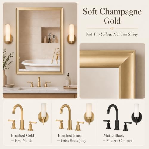 Gold Bathroom Mirror 24x36 Inch Rectangular Vanity Mirror - Brushed Gold Frame, Vertical & Horizontal Mounting
