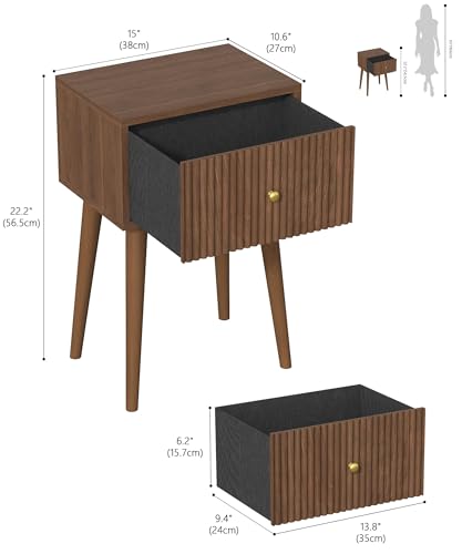 Small Walnut Nightstand Set of 2 with Fluted Drawers and Wood Legs