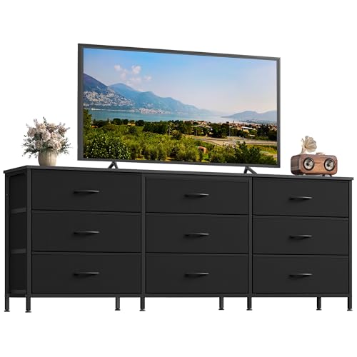 SONGMICS Dresser with 9 Fabric Drawers and TV Stand for 70-Inch TVs - Ink Black, 13.8 x 68.4 x 26.8 Inches