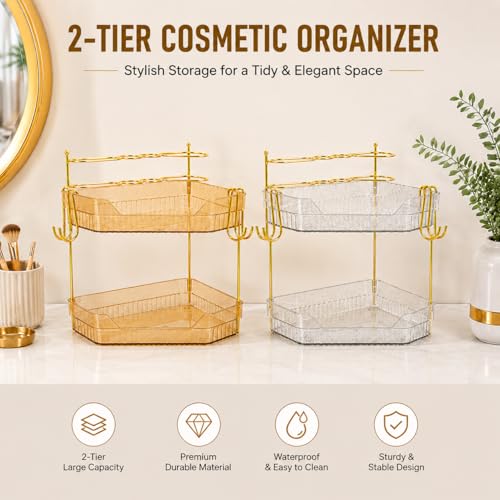 Crystal Silver Corner Bathroom Counter Organizer 2-Tier Vanity Storage with Brush Holder