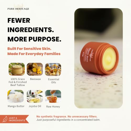 Pure Heritage Grass-Fed Tallow Balm 2 oz for Dry Sensitive Skin - Moisturizer with Frankincense & Cedarwood - Pack of 1