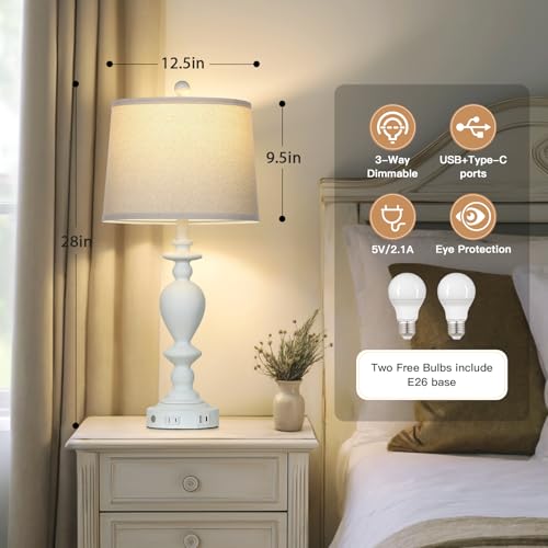 28-Inch White Farmhouse Table Lamps Set of 2 with USB-C & AC Outlet - Dimmable Touch, Vintage Rustic Living Room and Bedroom Lighting - Variation: White-1