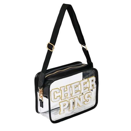 Cheer Pins Bag - Clear Cheerleading Competition Pin Holder with Chenille Letters & Adjustable Crossbody Strap
