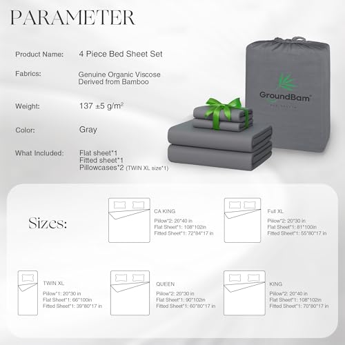 Dark Gray Silver Infused Bamboo Bed Sheet Set - Temperature-Regulating & Self-Cleaning, Full XL