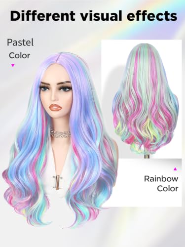 WIGER Multicolor Long Wavy Rainbow Wig 24 Inch Cosplay Costume Hair for Women Girls