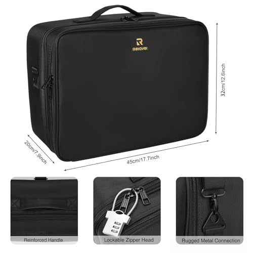 Relavel Extra Large Makeup Case, Makeup Artist Set Bag Professional Cosmetic Organizer Bag Storage Box with Makeup Brush Holder, Adjustable Dividers and Shoulder Strap, Black