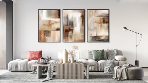 Large Canvas Wall Art Set - 16x24 Inches Brown Beige Abstract Prints - 3 Pieces Framed