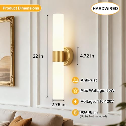 Hardwired Wall Sconces Set of Two - Modern Bathroom & Living Room Lighting with Milky White Glass - Brushed Gold & 22 Inch Variation