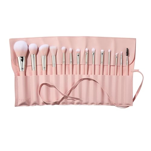 ColourPop Smoke 'N Roses Brush Roll Face & Eye Makeup Brush Set - Vegan Synthetic Bristles - Includes Holder - 14 Pieces