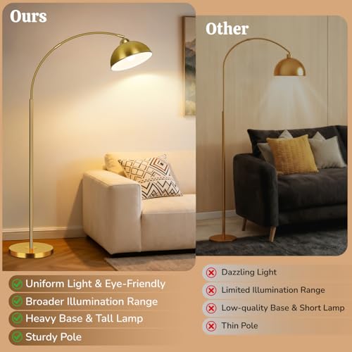Arc Floor Lamp for Living Room & Bedroom - 72-Inch Gold Modern Tall Reading Lamp with Remote & Dimmable LED Bulb