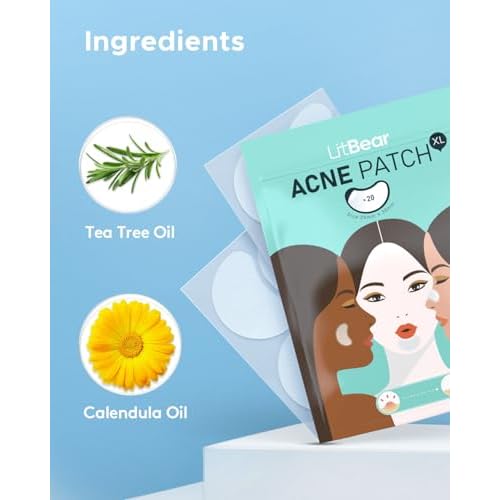 LitBear Acne Patches Large, Hydrocolloid Pimple Patches for Breakouts, Zit and Blemish, Large Acne Patches for Face, Chin, Back and Body with Tea Tree & Calendula Oil