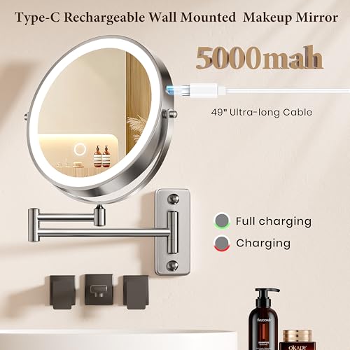 Wall Mounted Lighted Makeup Mirror with 20X Magnification, Rechargeable LED Lights & Extendable Arm