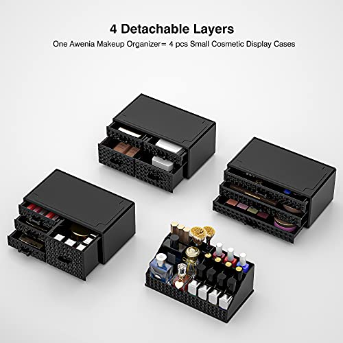 Awenia 4 Pack Stackable Makeup Organizer[Upgraded],Acrylic Cosmetics Storage Cases with 11 Drawers Perfume Organizers For Brush Holder or Jewelry Display,Plus Size(Black)