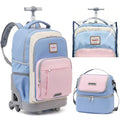 Kids 18-Inch Rolling Backpack Set with Lunch Bag & Rain Cover - Blue Pink - Effortless Stair-Climbing